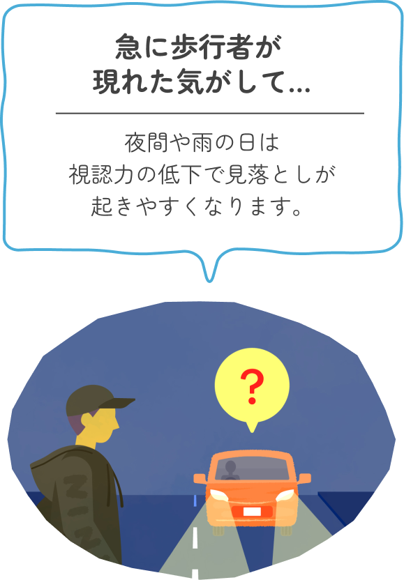 急に歩行者が現れた気がして… 夜間や雨の日は視認力の低下で見落としが起きやすくなります。